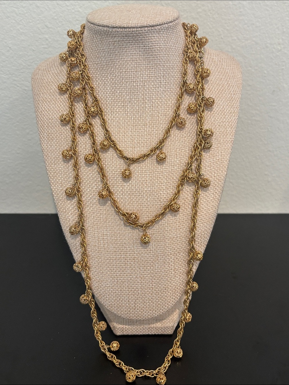 VTG Signed Monet Gold Tone 61" Flapper Opera Chain Filigree Ball Dangle Necklace